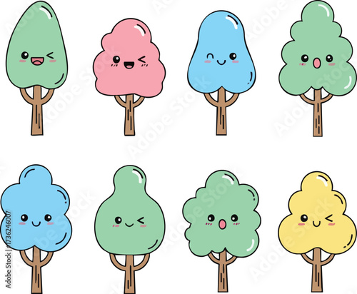 Eight cartoon trees with cute faces and different colored foliage in a two-row arrangement on a white background.