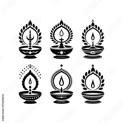 Collection of traditional indian oil lamp silhouettes