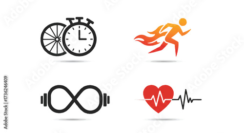 Dynamic vector sport icons illustrate fitness concepts, featuring a cycling wheel clock, a runner's flame, an infinity dumbbell, and a rhythmic heartbeat track.