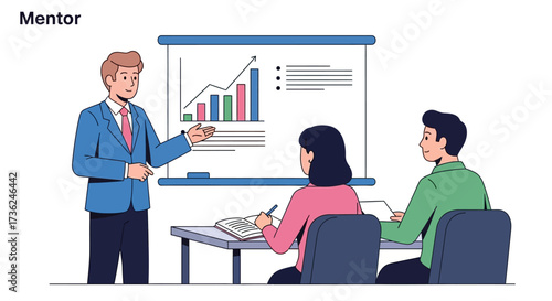 Business mentor giving a presentation on market growth strategy to a team in a corporate training session