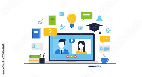 Online Learning & Communication Laptop Screen with Video Call, Education, and Business Concepts