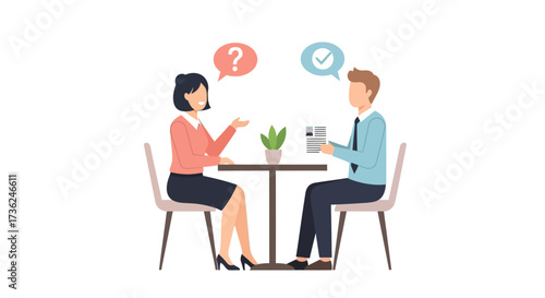 Successful job interview scene with a candidate answering questions correctly and a recruiter showing approval with a checkmark