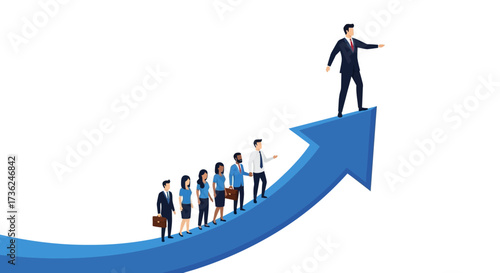 A visionary leader guides a diverse business team up a large blue growth arrow, symbolizing corporate success, teamwork, and career progression