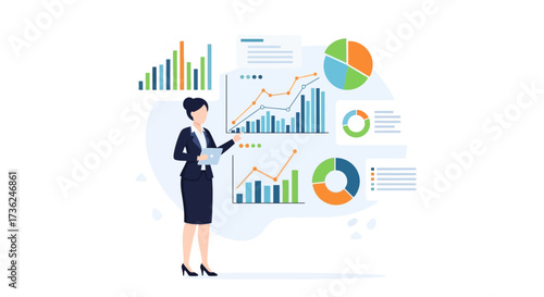 Financial Analyst Presenting Data Visualization: A skilled financial analyst stands before a dynamic array of charts and graphs, conveying insights with clarity and expertise.