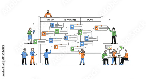 Business team collaborating on a project management task board to organize their agile workflow and strategy