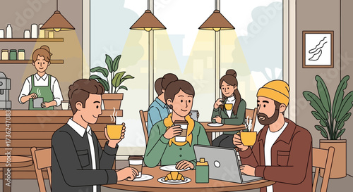 Cozy cafe scene with people enjoying coffee, working, and socializing in a warm, inviting atmosphere