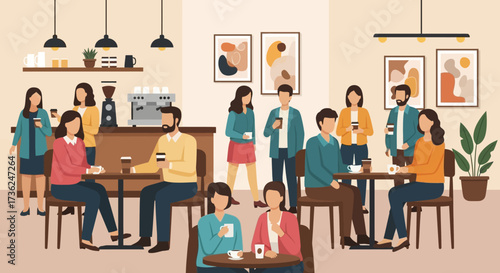 People enjoying coffee at a cozy cafe and socializing in a relaxed atmosphere