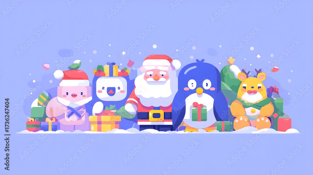 Fototapeta premium Festive Cartoon Characters Celebrating Christmas with Presents and Decorations