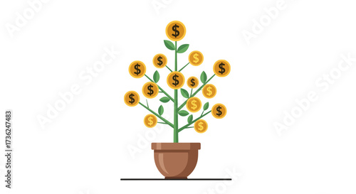 Money Tree Plant with Growing Coins in Pot Symbolizing Financial Growth and Investment Returns