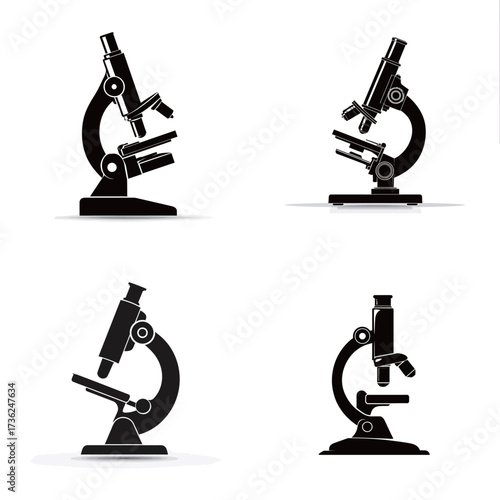 Four distinct black silhouettes of laboratory microscopes are arranged on a white background. Each microscope has a unique design, emphasizing their role in science and research.