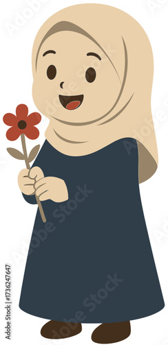 Cute Muslim Girl Cartoon Holding a Flower | Islamic Kids Illustration