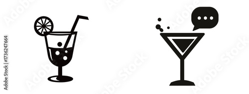 A stylish cocktail glass with a lime slice and straw sits next to a sleek martini glass with a speech bubble, suggesting conversation and enjoyment.