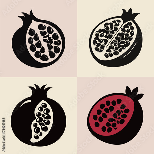 Four artistic representations of pomegranates are displayed, showing the fruit in different styles. Each design highlights the shape and seeds of the pomegranate.