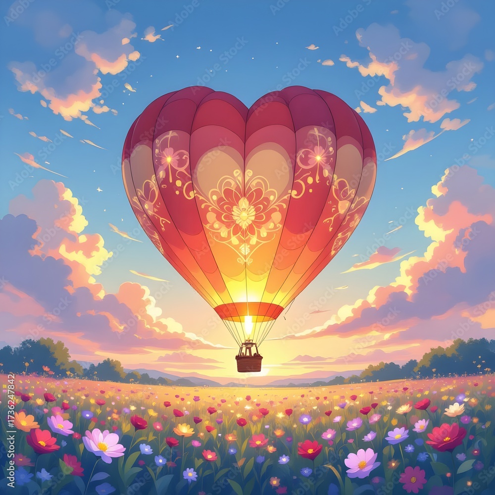 Fototapeta premium Hot Air Balloon in Shape of Heart with Sunset Clouds