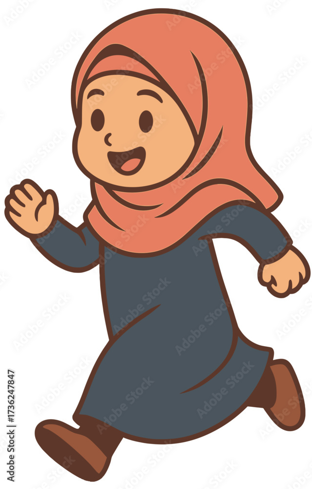 Obraz premium Cute Muslim Girl Cartoon Running in Pink Hijab | Islamic Kids Illustration