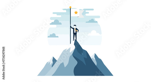 Pinnacle of Success A determined leader plants a flag on a mountain peak, symbolizing goal achievement, overcoming challenges, and ultimate professional triumph