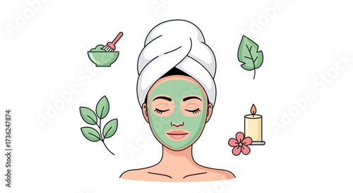 Woman Applying Green Face Mask with Skincare Accessories and Candle, Relaxing Beauty Treatment