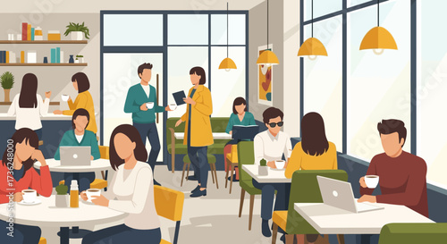 Dynamic illustration of people interacting and working in a modern cafe environment, showcasing a lively atmosphere for both leisure and productivity