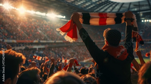 Football stadium stands filled with cheering fans waving flags