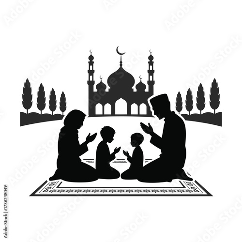 Muslim family praying together silhouette