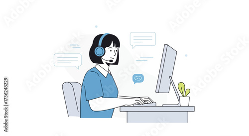 Female customer service agent with a headset working at a computer. Call center operator providing online support and assistance in an office