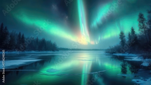 Aurora borealis over frozen lake