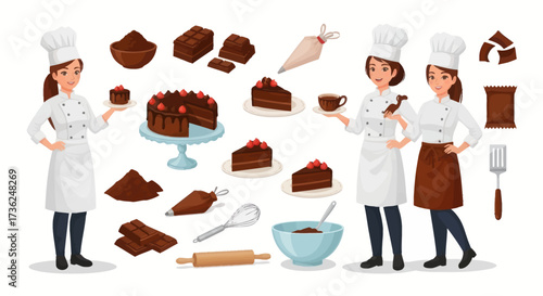 Confectionery Set: Chefs Chocolate Cake Slices and Baking Utensils.