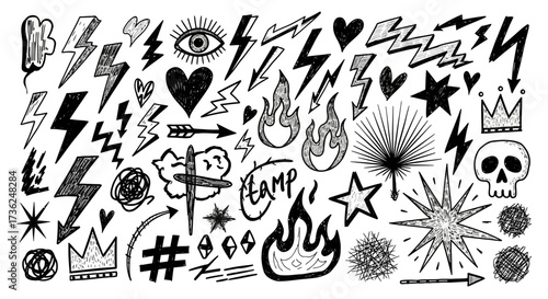 A Collection of Hand Drawn Sketchy Icons Featuring Lightning Bolts Hearts Stars Eyes Flames Skulls Crowns and Other Abstract Symbols for Graphic Design Elements