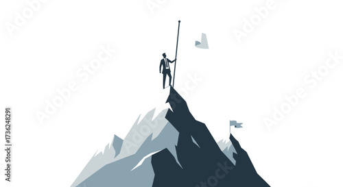 A determined leader plants a flag atop a majestic mountain, embodying the spirit of achieving ambitious goals, overcoming significant obstacles, and celebrating ultimate triumph and success