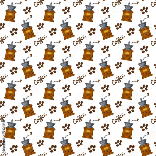 Seamless pattern coffee grinder, beans and lettering on white background vector illustration. Print, perfect for branding, packaging, and business products. Brown old-fashioned cafeteria equipment