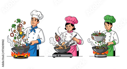 A colorful cartoon illustration set of three professional chefs male and female stir-frying food in woks.