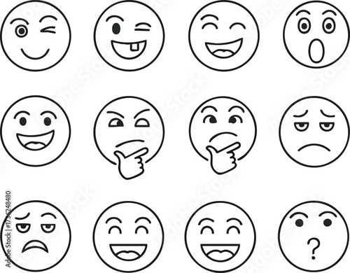 Twelve different minimalist line art emoji faces expressing a range of emotions including winking, surprise, happiness, sadness, and contemplation.