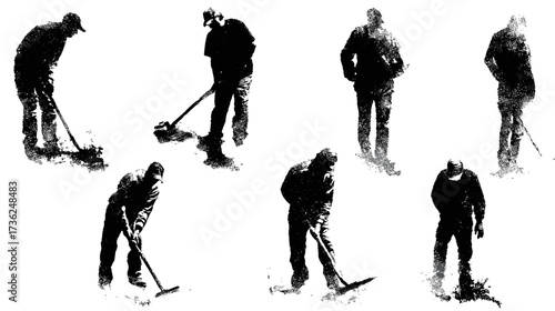 Black and white silhouettes of people digging and raking, engaged in manual labor or gardening activities, vector graphics.