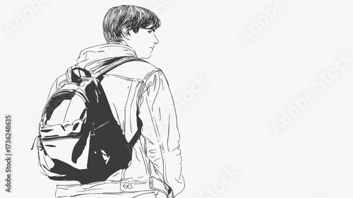 Monochrome line art illustration of a young person wearing a backpack, looking back over their shoulder, ideal for youth and journey themes.