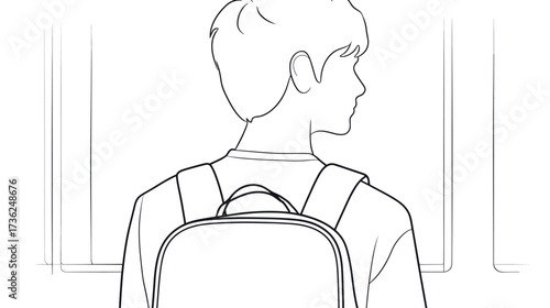 Back view line art of a young person with a backpack looking over shoulder, simple minimalist illustration, black and white
