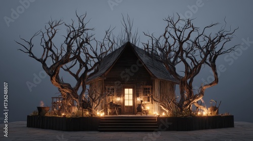 haunted witch hut with twisted trees and glowing cauldronhaunted witch hut with twisted trees and glowing cauldron