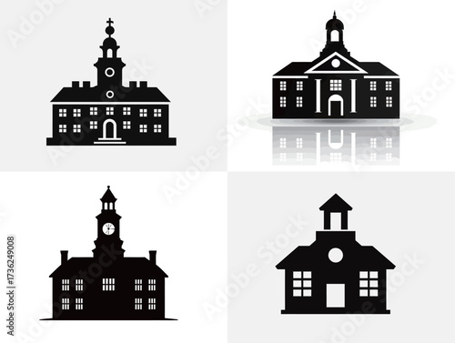 Four black silhouettes of various historical buildings are displayed against a white background. The designs highlight architectural details and styles.