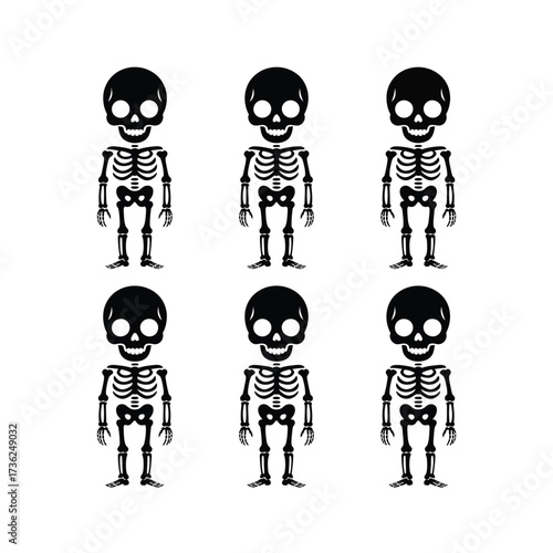 Six cartoon skeletons silhouette