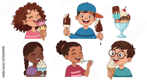 Happy Cartoon Children Enjoying Delicious Ice Cream Treats.