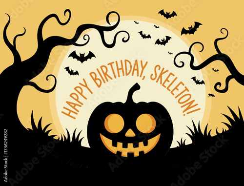 Happy halloween birthday skeleton pumpkin bats and spooky trees art