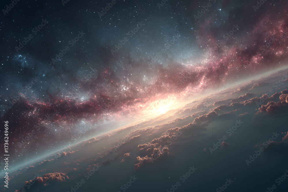 Fototapeta premium Vivid depiction of a science fiction space environment showcasing a distant galaxy and glowing planet against a cosmic backdrop