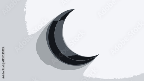 Minimalist black crescent shape on a clean white background, abstract graphic design element with subtle shadow