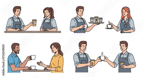 A collection of hand-drawn illustrations depicting baristas and customers interacting in a coffee shop setting.
