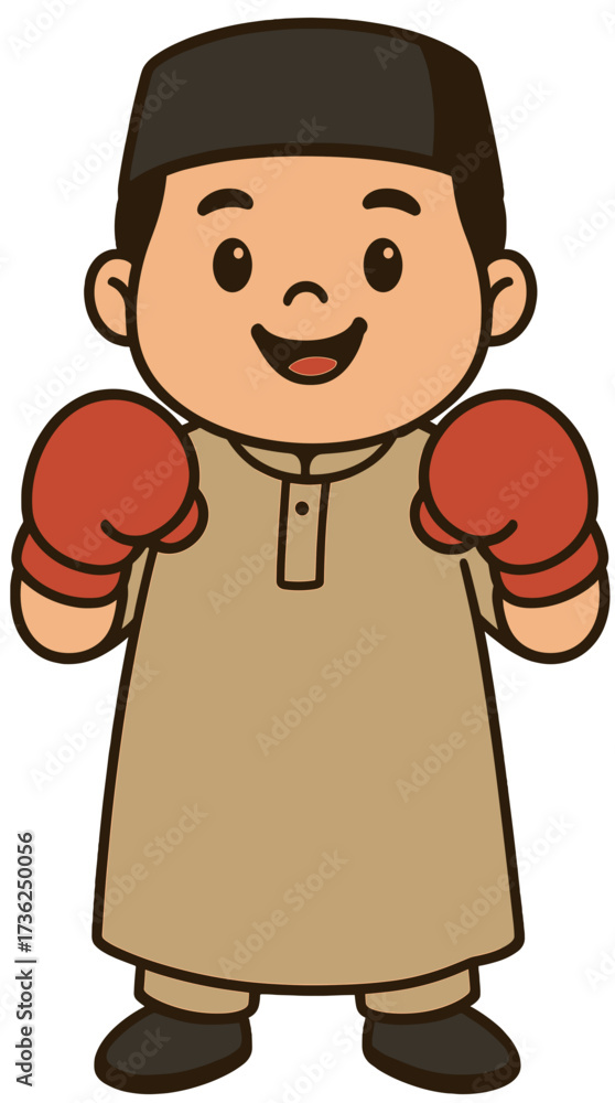 Obraz premium Muslim Boy Cartoon with Boxing Gloves | Islamic Kids Sports Illustration