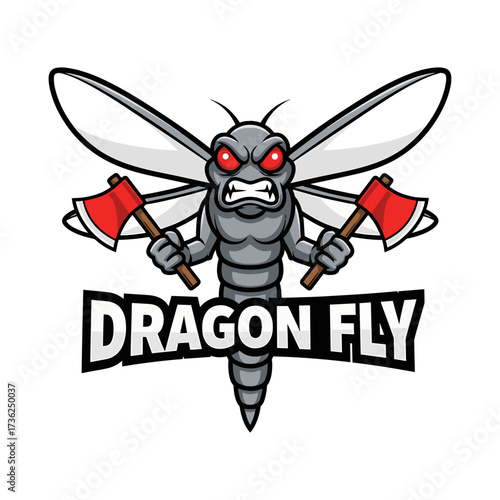 Fearsome dragon fly mascot brandishing axes with intense red eyes, ready for a dynamic gaming logo or fierce sports team emblem, embodying strength and power in a modern, edgy design