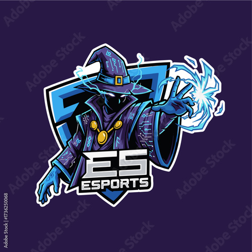 Dynamic esports logo featuring a mystical wizard casting a spell, perfect for gaming teams and streaming channels, creating an electrifying brand identity with a touch of arcane power