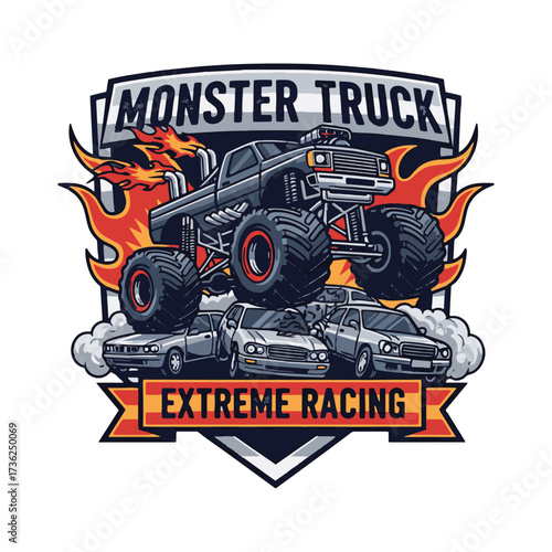 Get your adrenaline pumping with this monster truck soaring over cars, flames blazing, perfect for high-octane action and extreme sports promotions, capturing the thrill of extreme racing