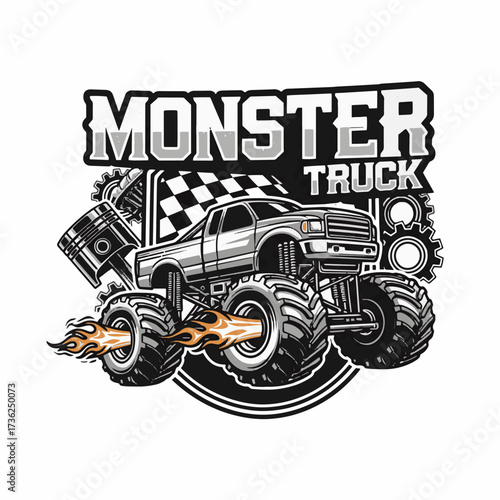 Roaring monster truck with flames, powerful automotive design celebrating extreme motorsports, perfect for thrilling designs and edgy merchandise, a symbol of speed and adrenaline