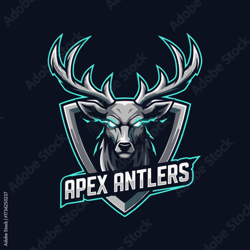 Dynamic apex antlers logo design with glowing eyes, perfect for esports team branding and gaming channel art, conveying power and intensity with a modern, edgy style