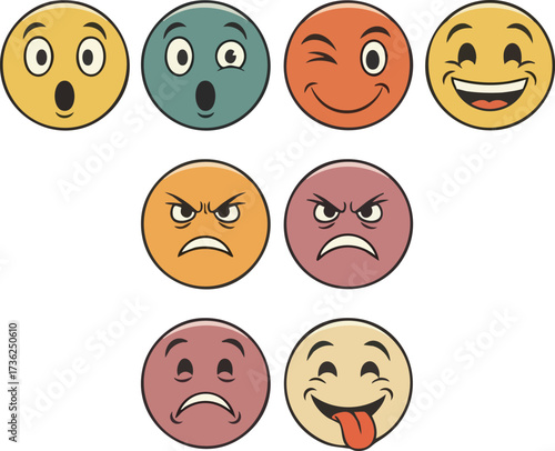 A collection of nine colorful cartoon emoji faces expressing various emotions, including surprise, anger, joy, sadness, and playfulness.